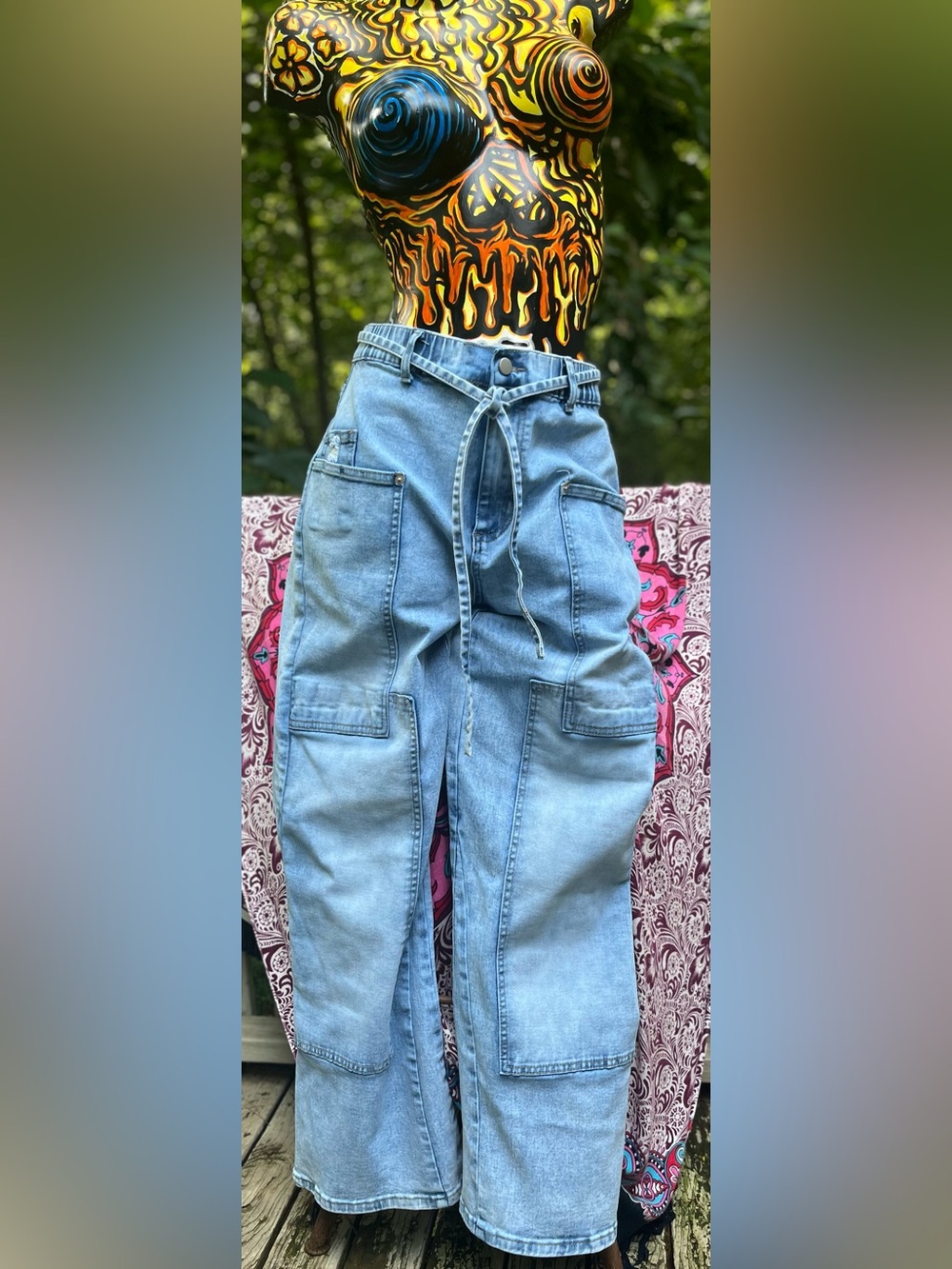 Flamingals Light Wash Cargo Jeans with Utility Pockets - Women